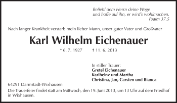 Traueranzeige von Karl Wilhelm Eichenauer von Echo-Zeitungen (Gesamtausgabe)