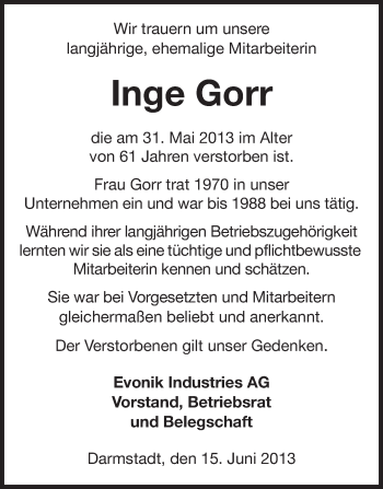Traueranzeige von Inge Gorr von Echo-Zeitungen (Gesamtausgabe)