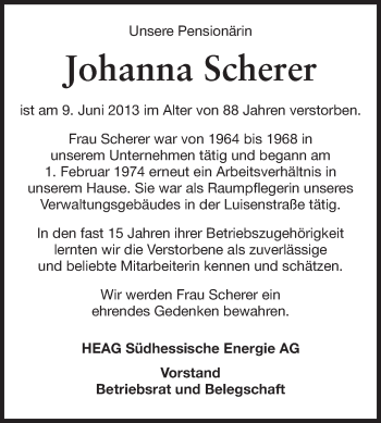 Traueranzeige von Johanna Scherer von Echo-Zeitungen (Gesamtausgabe)