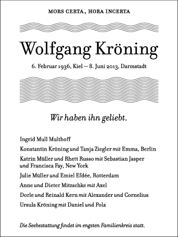 Traueranzeige von Wolfgang Kröning von Echo-Zeitungen (Gesamtausgabe)