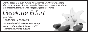 Traueranzeige von Lieselotte Erfurt von Rüsselsheimer Echo, Groß-Gerauer-Echo, Ried Echo