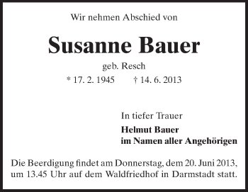 Traueranzeige von Susanne Bauer von Echo-Zeitungen (Gesamtausgabe)