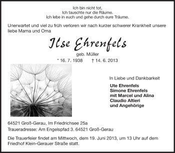Traueranzeige von Ilse Ehrenfels von Rüsselsheimer Echo, Groß-Gerauer-Echo, Ried Echo
