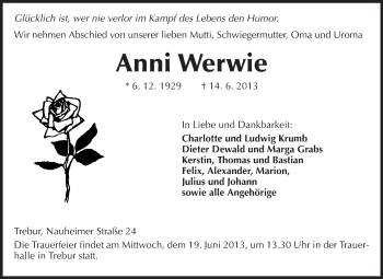 Traueranzeige von Anni Werwie von Rüsselsheimer Echo, Groß-Gerauer-Echo, Ried Echo