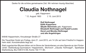 Traueranzeige von Claudia Nothnagel von Echo-Zeitungen (Gesamtausgabe)