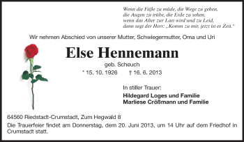 Traueranzeige von Else Hennemann von Rüsselsheimer Echo, Groß-Gerauer-Echo, Ried Echo