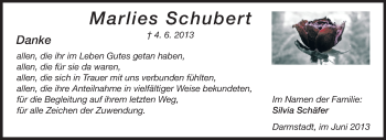 Traueranzeige von Marlies Schubert von Darmstädter Echo, Odenwälder Echo, Rüsselsheimer Echo, Groß-Gerauer-Echo, Ried Echo