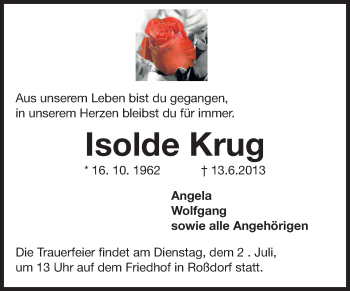 Traueranzeige von Isolde Krug von Echo-Zeitungen (Gesamtausgabe)