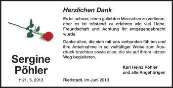 Traueranzeige von Sergine Pöhler von Rüsselsheimer Echo, Groß-Gerauer-Echo, Ried Echo