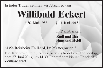 Traueranzeige von Willibald Eckert von Echo-Zeitungen (Gesamtausgabe)