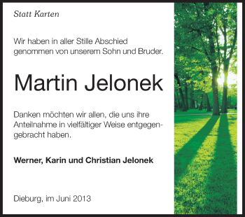 Traueranzeige von Martin Jelonek von Echo-Zeitungen (Gesamtausgabe)