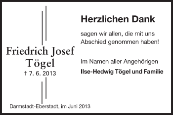 Traueranzeige von Friedrich Josef Tögel von Echo-Zeitungen (Gesamtausgabe)