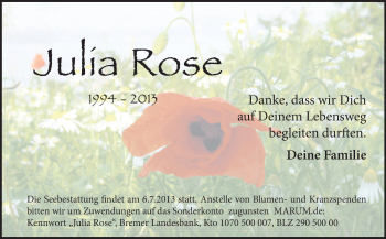 Traueranzeige von Julia Rose von Echo-Zeitungen (Gesamtausgabe)