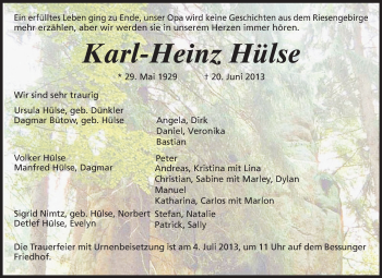 Traueranzeige von Karl-Heinz Hülse von Echo-Zeitungen (Gesamtausgabe)