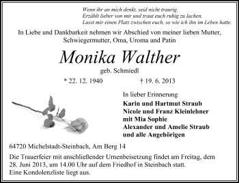 Traueranzeige von Monika Walther von Odenwälder Echo