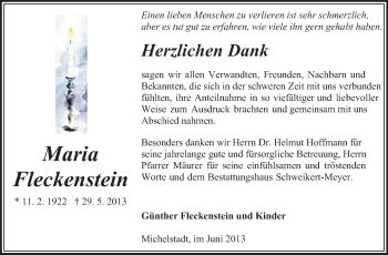 Traueranzeige von Maria Fleckenstein von Odenwälder Echo