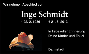 Traueranzeige von Inge Schmidt von Echo-Zeitungen (Gesamtausgabe)