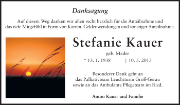 Traueranzeige von Stefanie Kauer von Rüsselsheimer Echo, Groß-Gerauer-Echo, Ried Echo