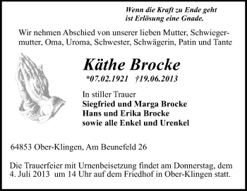 Traueranzeige von Käthe Brocke von Echo-Zeitungen (Gesamtausgabe)