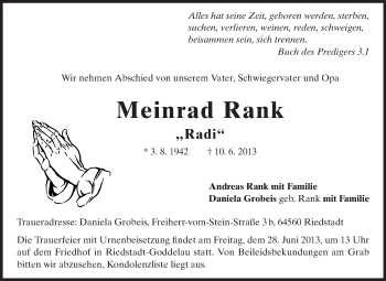 Traueranzeige von Meinhard Rank von Echo-Zeitungen (Gesamtausgabe)