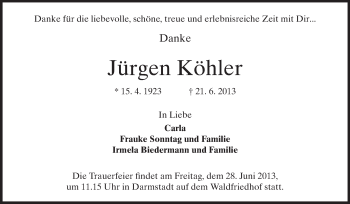 Traueranzeige von Jürgen Köhler von Echo-Zeitungen (Gesamtausgabe)