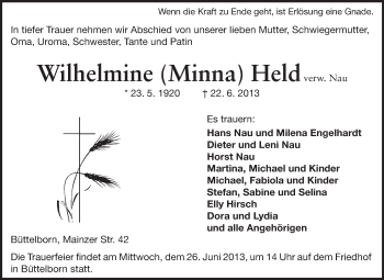 Traueranzeige von Minna Held von Rüsselsheimer Echo, Groß-Gerauer-Echo, Ried Echo