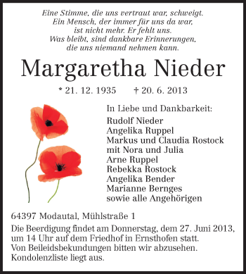 Traueranzeige von Margaretha Nieder von Echo-Zeitungen (Gesamtausgabe)