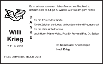 Traueranzeige von Willi Krieg von Echo-Zeitungen (Gesamtausgabe)