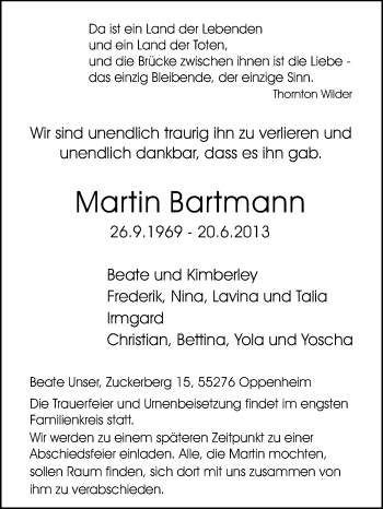 Traueranzeige von Martin Bartmann von Rüsselsheimer Echo, Groß-Gerauer-Echo, Ried Echo