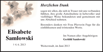 Traueranzeige von Elisabete Samlowski von Echo-Zeitungen (Gesamtausgabe)