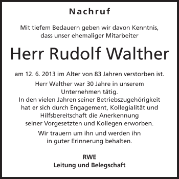 Traueranzeige von Rudolf Walther von Rüsselsheimer Echo, Groß-Gerauer-Echo, Ried Echo