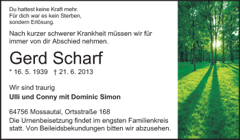 Traueranzeige von Gerd Scharf von Odenwälder Echo