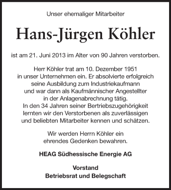Traueranzeige von Hans-Jürgen Köhler von Echo-Zeitungen (Gesamtausgabe)