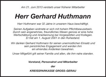 Traueranzeige von Gerhard Huthmann von Rüsselsheimer Echo, Groß-Gerauer-Echo, Ried Echo