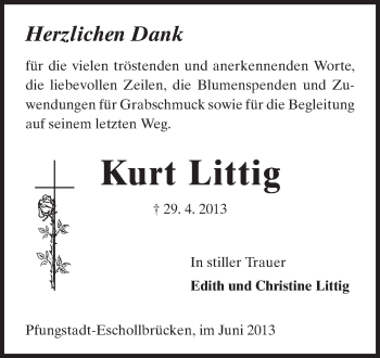 Traueranzeige von Kurt Littig von Echo-Zeitungen (Gesamtausgabe)