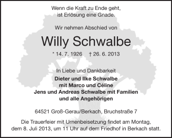 Traueranzeige von Willy Schwalbe von Rüsselsheimer Echo, Groß-Gerauer-Echo, Ried Echo