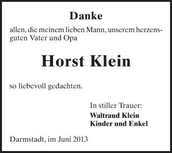 Traueranzeige von Horst Klein von Echo-Zeitungen (Gesamtausgabe)