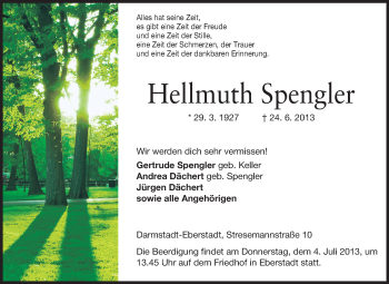 Traueranzeige von Hellmuth Spengler von Echo-Zeitungen (Gesamtausgabe)