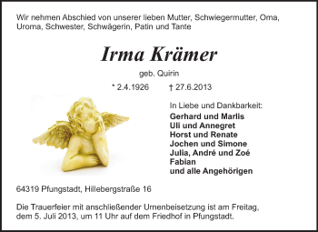 Traueranzeige von Irma Krämer von Echo-Zeitungen (Gesamtausgabe)