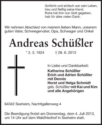 Traueranzeige von Andreas Schüßler von Darmstädter Echo, Odenwälder Echo, Rüsselsheimer Echo, Groß-Gerauer-Echo, Ried Echo