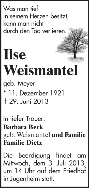 Traueranzeige von Ilse Weismantel von Echo-Zeitungen (Gesamtausgabe)
