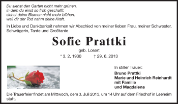 Traueranzeige von Sofie Prattki von Rüsselsheimer Echo, Groß-Gerauer-Echo, Ried Echo