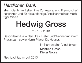 Traueranzeige von Hedwig Gross von Echo-Zeitungen (Gesamtausgabe)
