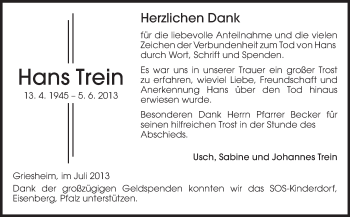 Traueranzeige von Hans Trein von Echo-Zeitungen (Gesamtausgabe)