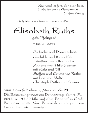 Traueranzeige von Elisabeth Ruths von Echo-Zeitungen (Gesamtausgabe)