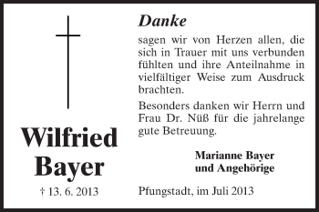Traueranzeige von Wilfried Bayer von Echo-Zeitungen (Gesamtausgabe)
