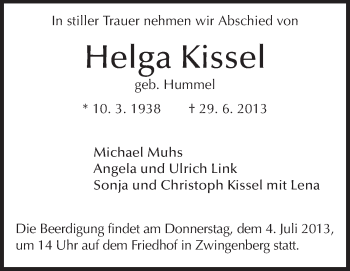 Traueranzeige von Helga Kissel von Echo-Zeitungen (Gesamtausgabe)