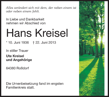 Traueranzeige von Hans Kreisel von Echo-Zeitungen (Gesamtausgabe)