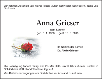 Traueranzeige von Anna Grieser von Echo-Zeitungen (Gesamtausgabe)