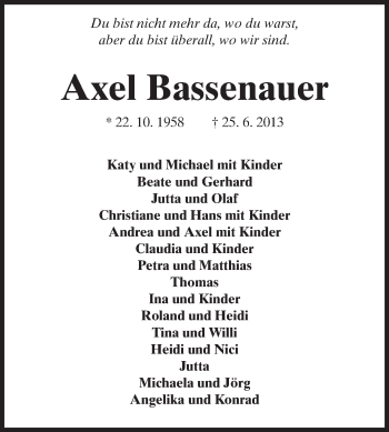 Traueranzeige von Axel Bassenauer von Echo-Zeitungen (Gesamtausgabe)